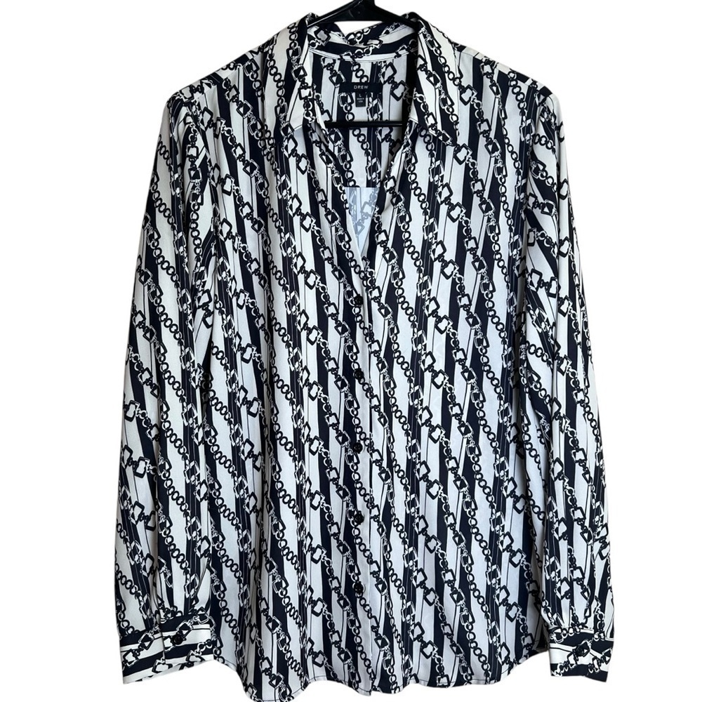 DREW Everly Chain Blouse Semi Sheer Button-up Dressy Shirt Top Made in USA Sz L